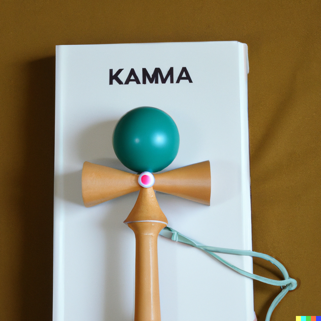 a book with a kendama on top of it